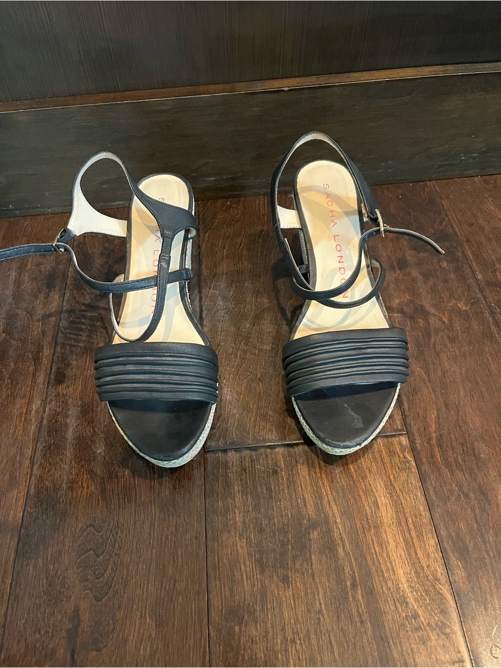 Sacha London Black and Cream Strappy Wedge Sandals